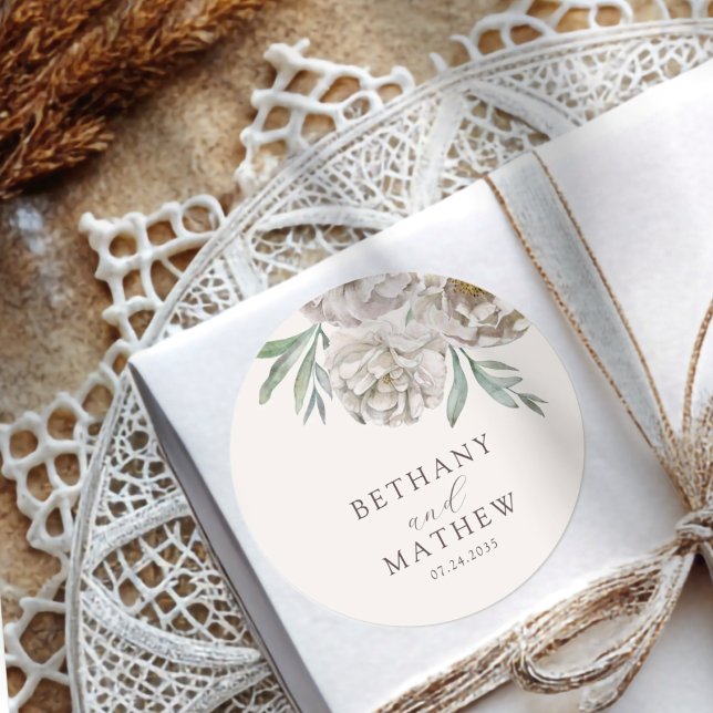 Sticker Rond Mariage floral crème et blanc cassé Boho (Créateur téléchargé)