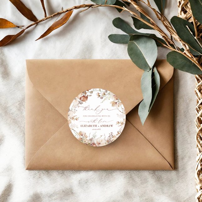 Sticker Rond Mariage floral de Boho neutre rustique (Créateur téléchargé)