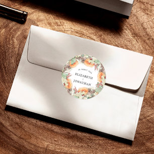 Sticker Rond Mariage floral de roses orange eucalyptus botaniqu