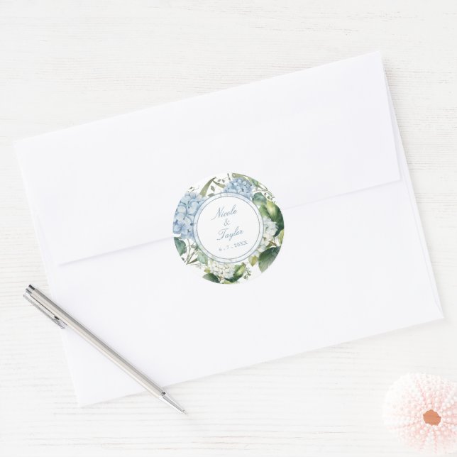 Sticker Rond Mariage Floral d'Hydrangea Bleu Poussiéreux  (Enveloppe)