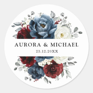 Sticker Rond Mariage floral d'ivoire blanc bleu ardoise