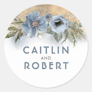 Sticker Rond Mariage floral Dusty Blue et Parties scintillant o