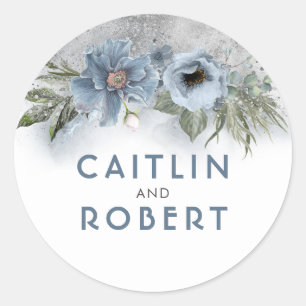 Sticker Rond Mariage floral Dusty Blue et Silver Parties scinti