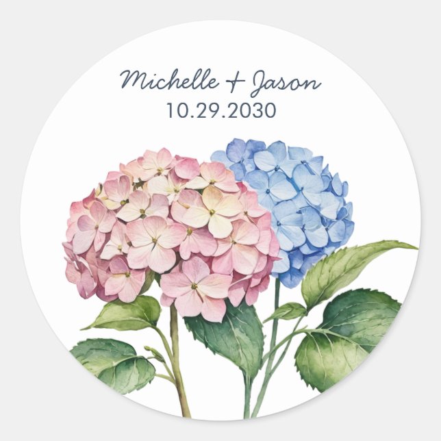 Sticker Rond Mariage Floral Élégant à la Mode Hydrangea Aquarel (Devant)