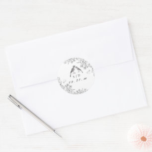 Sticker Rond Mariage Floral Élégant Classique Noir Blanc