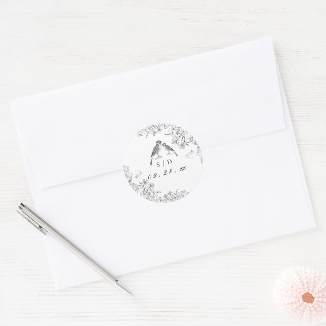 Sticker Rond Mariage Floral Élégant Classique Noir Blanc  (Enveloppe)