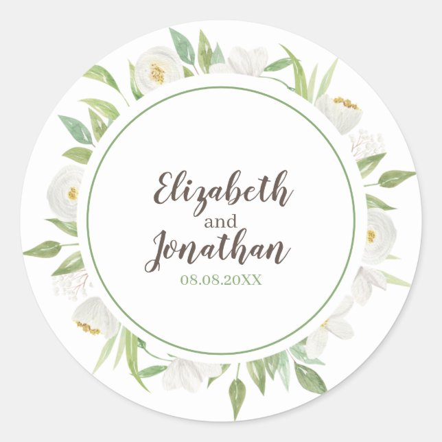 Sticker Rond Mariage floral élégant d'aquarelle blanche et (Devant)