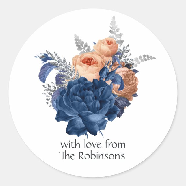 Sticker Rond Mariage floral en corail, marine et argent (Devant)