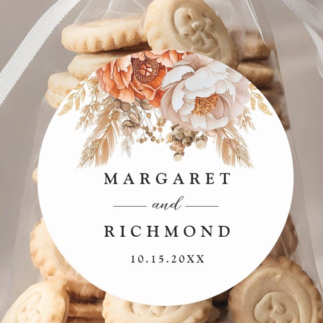 Sticker Rond Mariage floral en terre cuite rouillée (Créateur téléchargé)
