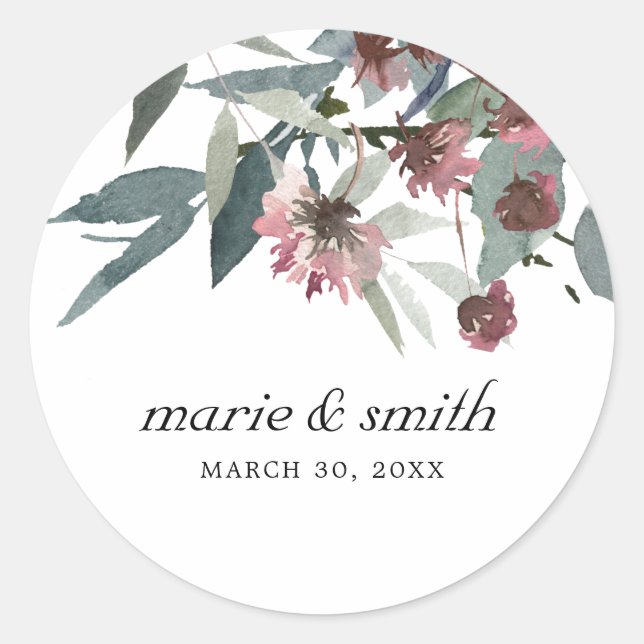 Sticker Rond Mariage FLORAL EUCALYPTUS CHIC ROSE SAUVAGE RUSTIQ (Devant)