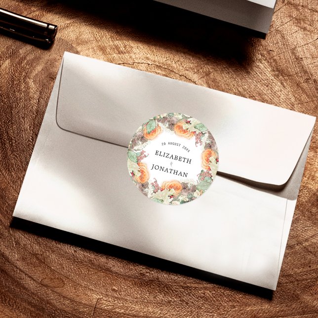 Sticker Rond Mariage floral Eucalyptus Orange Roses botanique (Créateur téléchargé)