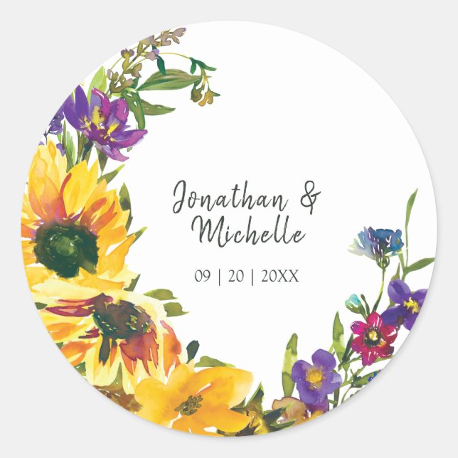 Sticker Rond Mariage floral Fleur sauvage des tournesols (Devant)