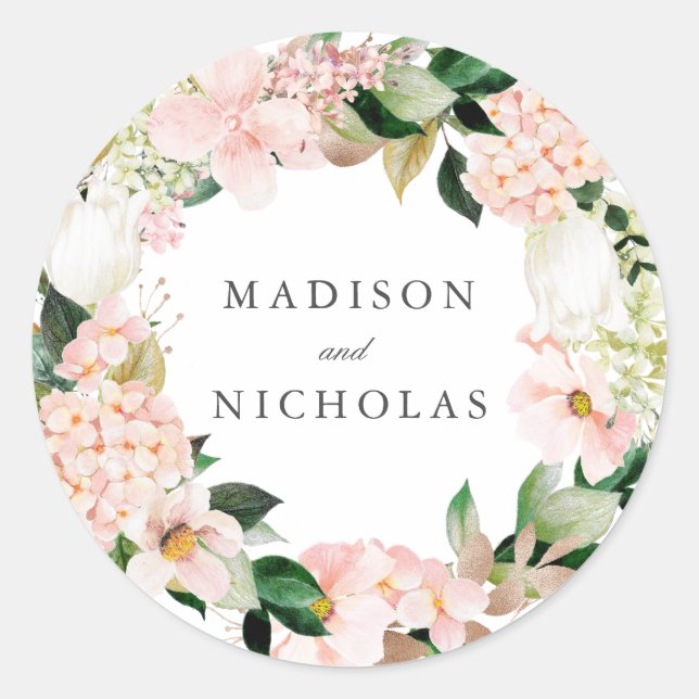 Sticker Rond Mariage floral flush printanier personnalisé (Devant)