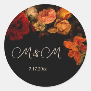 Sticker Rond Mariage Floral Foncé d'Art Fin Vintage