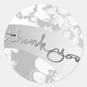 Sticker Rond mariage floral gris argenté blanc "Merci"