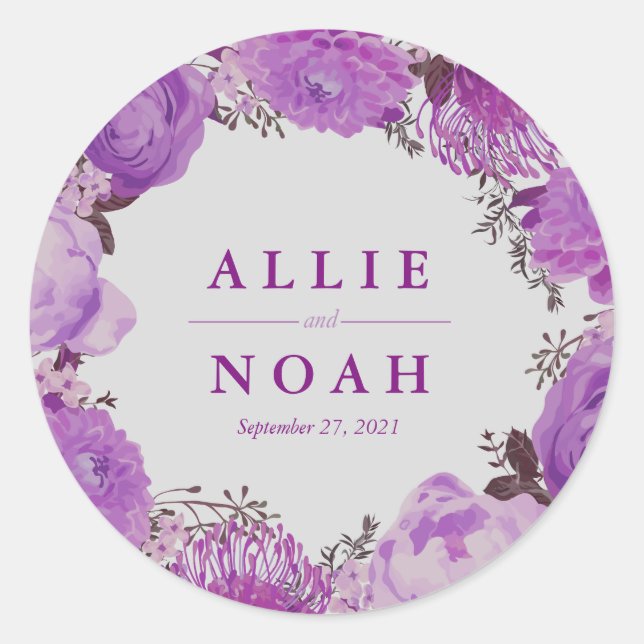Sticker Rond Mariage Floral gris doux et violet (Devant)