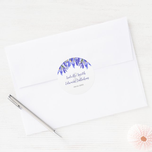 Sticker Rond Mariage Floral Iris Bleu Royal Moderne Classique C (Enveloppe)