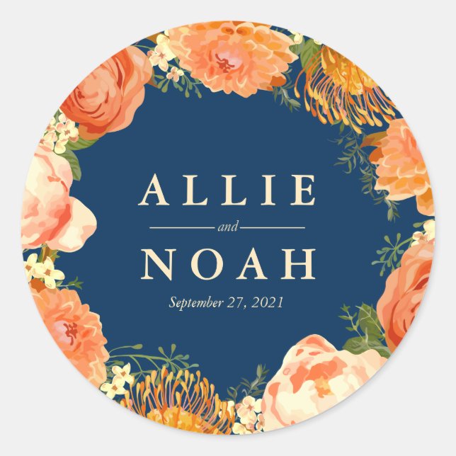 Sticker Rond Mariage Floral Marine & Orange (Devant)