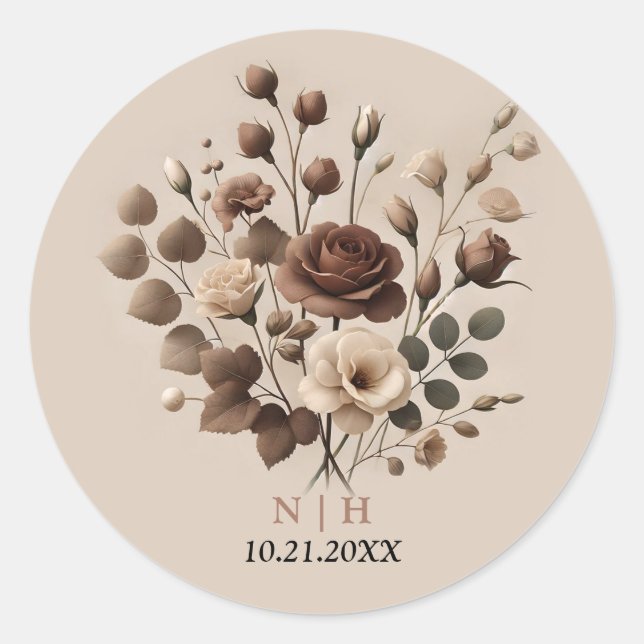 Sticker Rond Mariage Floral Marron Beige Mousse Mocha (Devant)