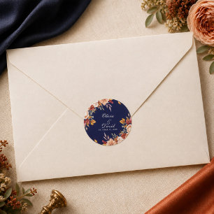 Sticker Rond Mariage Floral Moderne Bohème Bleu Nuit Orange Brû