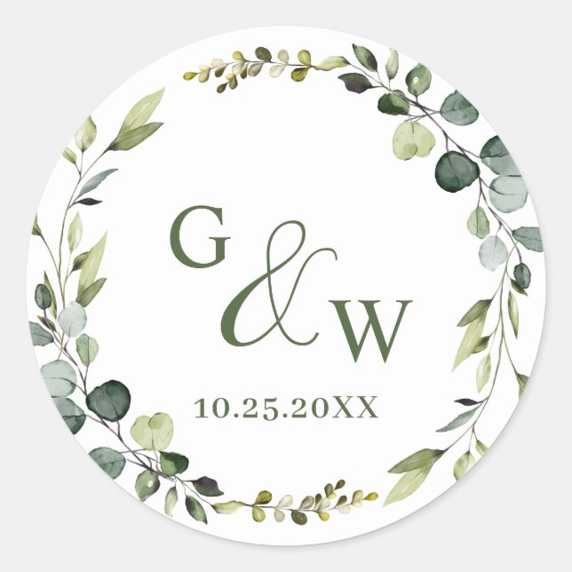 Sticker Rond Mariage floral moderne Eucalyptus Wreath Frame Boh (Devant)