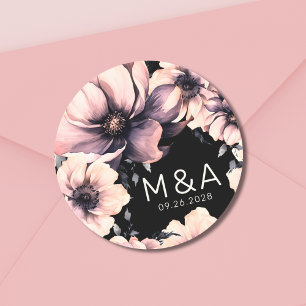Sticker Rond Mariage Floral Moderne Rose Noir