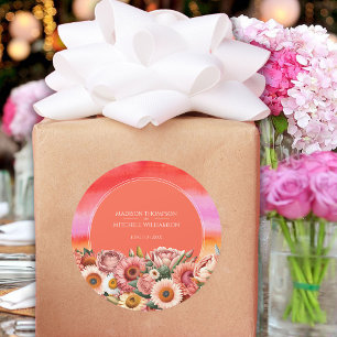Sticker Rond Mariage Floral Moderne Rose Orange Lever de Soleil