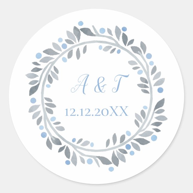 Sticker Rond Mariage Floral Monogramme Blanc Gris Bleu  (Devant)
