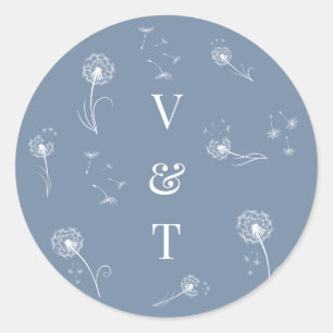 Sticker Rond Mariage Floral Monogramme Bleu Poussiéreux