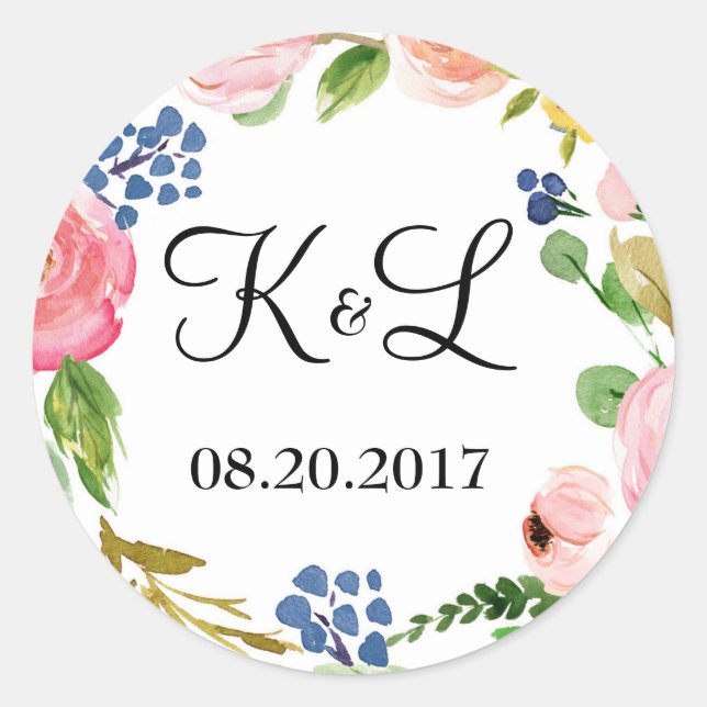Sticker rond Mariage floral Monogramme personnalis (Devant)
