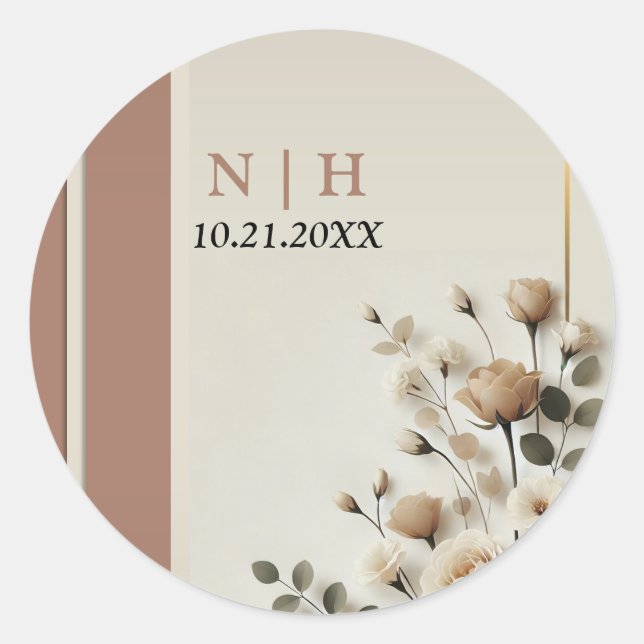 Sticker Rond Mariage Floral Neutre Mousse de Mocha (Devant)