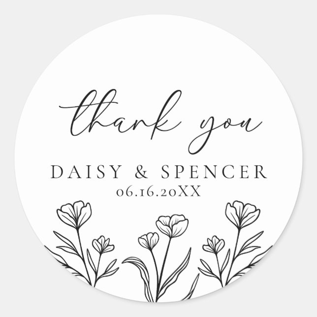 Sticker Rond Mariage floral noir & blanc simple Faveur (Devant)