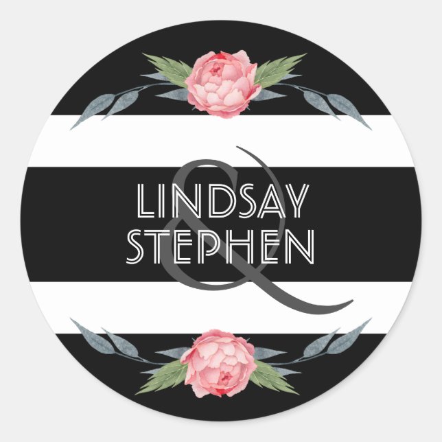 Sticker Rond Mariage floral noir et blanc (Devant)