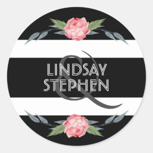 Sticker Rond Mariage floral noir et blanc