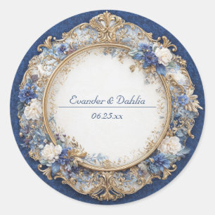 Sticker Rond Mariage Floral Or Bleu Saphir Victorien