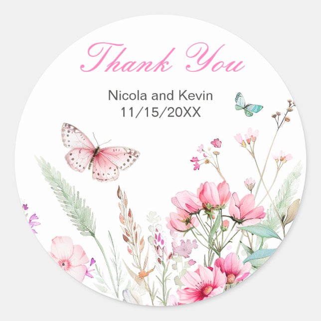 Sticker Rond Mariage floral papillon rose de printemps (Devant)