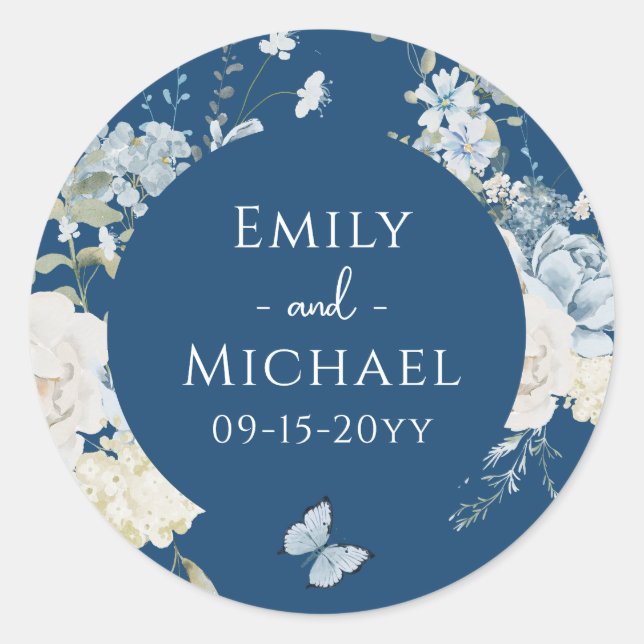 Sticker Rond Mariage floral romantique bleu Dusty (Devant)
