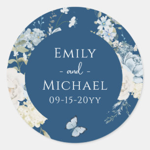 Sticker Rond Mariage floral romantique bleu Dusty
