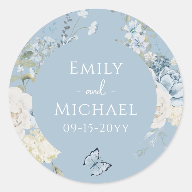 Sticker Rond Mariage floral romantique bleu Dusty (Devant)