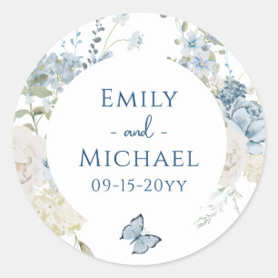 Sticker Rond Mariage floral romantique bleu Dusty