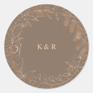 Sticker Rond Mariage Floral Romantique en Or Monogramme