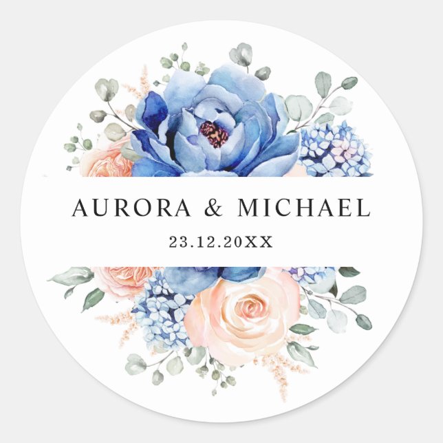 Sticker Rond Mariage floral rose bleu marine (Devant)