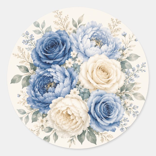 Sticker Rond Mariage Floral Rose Bleue & Crème (Devant)