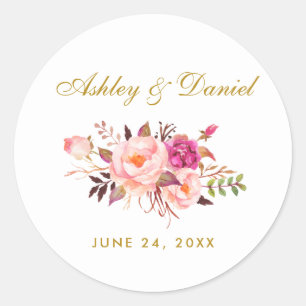 Sticker Rond Mariage floral rose Blush or
