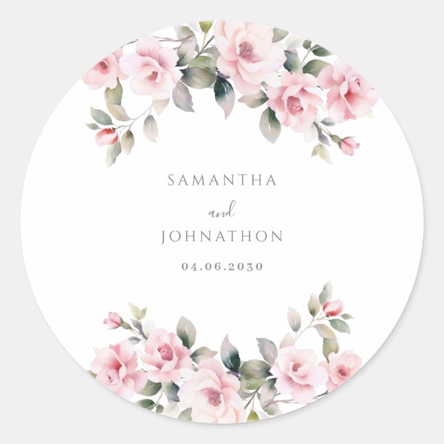 Sticker Rond Mariage Floral Rose Élégant  (Devant)