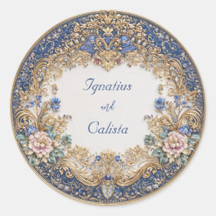Sticker Rond Mariage Floral Rose Or Saphir Victorien