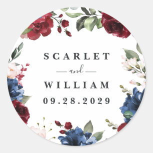 Sticker Rond Mariage floral rose rose bleu marine et bordeaux