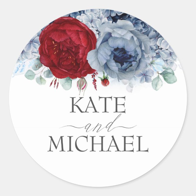 Sticker Rond Mariage floral rouge bordeaux et bleu roux (Devant)