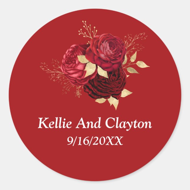 Sticker Rond Mariage Floral Rouge Et Or (Devant)