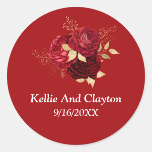 Sticker Rond Mariage Floral Rouge Et Or